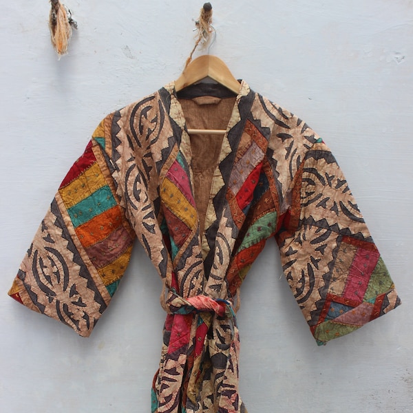 Cotton Kantha Jacket, Applique Kimono, Embroidered Vintage Work Coat, Cut Work Kimono