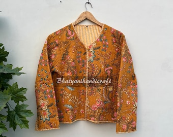 Cotton Quilted Jacket Women Wear Front Open Kimono Stripe piping HandMade Vintage Quilted Jacket , Coats , New Style, Boho Yellow Floral Art