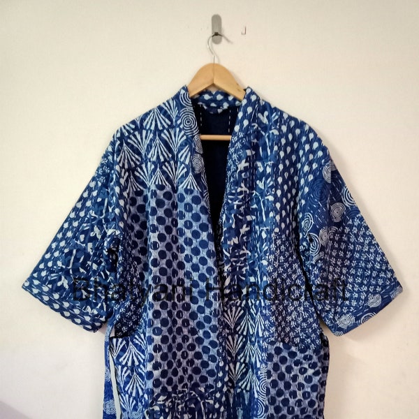 Indigo Kantha Jacket, Handmade Quilted Jacket, Indigo Kantha Robe, Dressing Gown, Kantha Coat