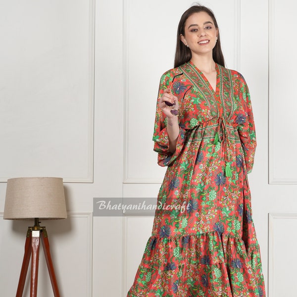 Bohemian Floral Silk Dress || Short Sleeves Fluid Dress with Large Prints || Free Size Summer Dress || Flared Sleeves Green Dress