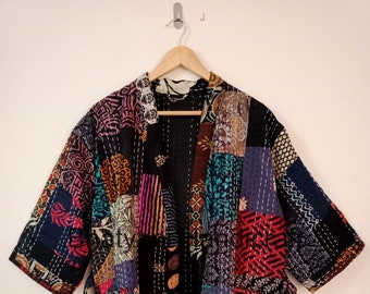 Indian Handmade Beautiful Silk Patola Jacket, Winter Wear Quilted Kantha Jacket, Comfortable Night Wear Kimono Jacket