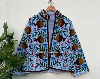 Handmade Suzani Embroidery Jacket, Winter Wear Jacket Coat, Womens Coat, Suzani Short Jacket, TNT Fabric Suzani Jacket, Robe