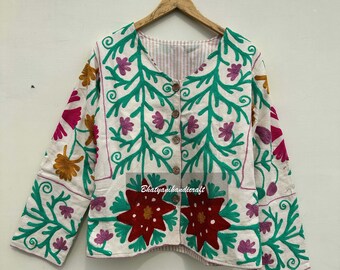 Handmade Embroidered Suzani Christmas Gift, Short Suzani Jacket, embroidery jacket, vintage embroidered cotton kimono jacket, Suzani Coat