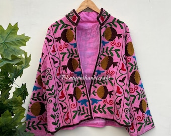 Nouvelle veste tnt brodée suzani rose faite à la main | vêtements pour femmes Manteau bombardier court pour dames, Handloom Khadi Jacket Boho Style