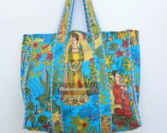 Jhola Tasche, Baumwolle gesteppte Tragetaschen, handgefertigte gesteppte Markttasche mit Blumendruck, Einkaufstasche, Hippie-Tasche, Markttasche