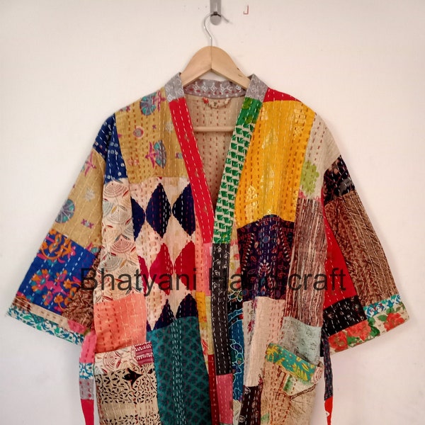 Indian Vintage Patchwork Kantha Jacket, Ethnic Women Wear Bathrobe Jacket, Maxi Dress, Winter Coat