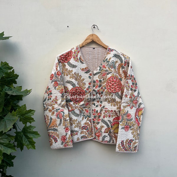 Baumwolle Wende-Steppjacke mit Blumenmuster Boho-Stil Handgefertigte Jacken, Mantel Urlaub Geschenke Knopfverschluss Jacke für Frauen Geschenke