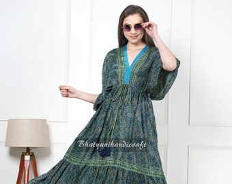 New Long Summer Silk Maxi Dress, Vintage Indian Silk Sari Dress, Kasturi Silk Women Dress, Free Size Beach Dress, Floral Printed Boho Dress