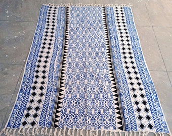 Wood Hand Block Printed Khadi Cotton Blanket Dhurrie Rug Handmade Boho Picnic Rug Hand Woven Beach Throw With Fringes