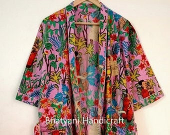 Baumwolle Kimono Robe Morgenmantel, Brautjungfer Robe mit Blockprint, Sommer Nachtwäsche, Einheitsgröße