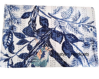 Edredón Kantha con estampado de búho hecho a mano indio, colcha de ropa de cama reversible boho, lanzamiento de edredón Kantha hecho a mano