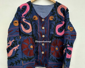 Handmade Embroidered Suzani Christmas Gift, Short Suzani Jacket, embroidery jacket, vintage embroidered cotton kimono Coat, Suzani Coat