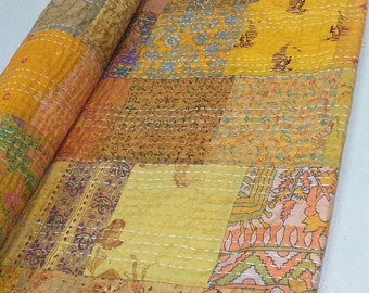 Édredon Kantha en patchwork de soie Couvre-lit indien fait main jeté de literie couverture courtepointe vintage jeté de kantha couette