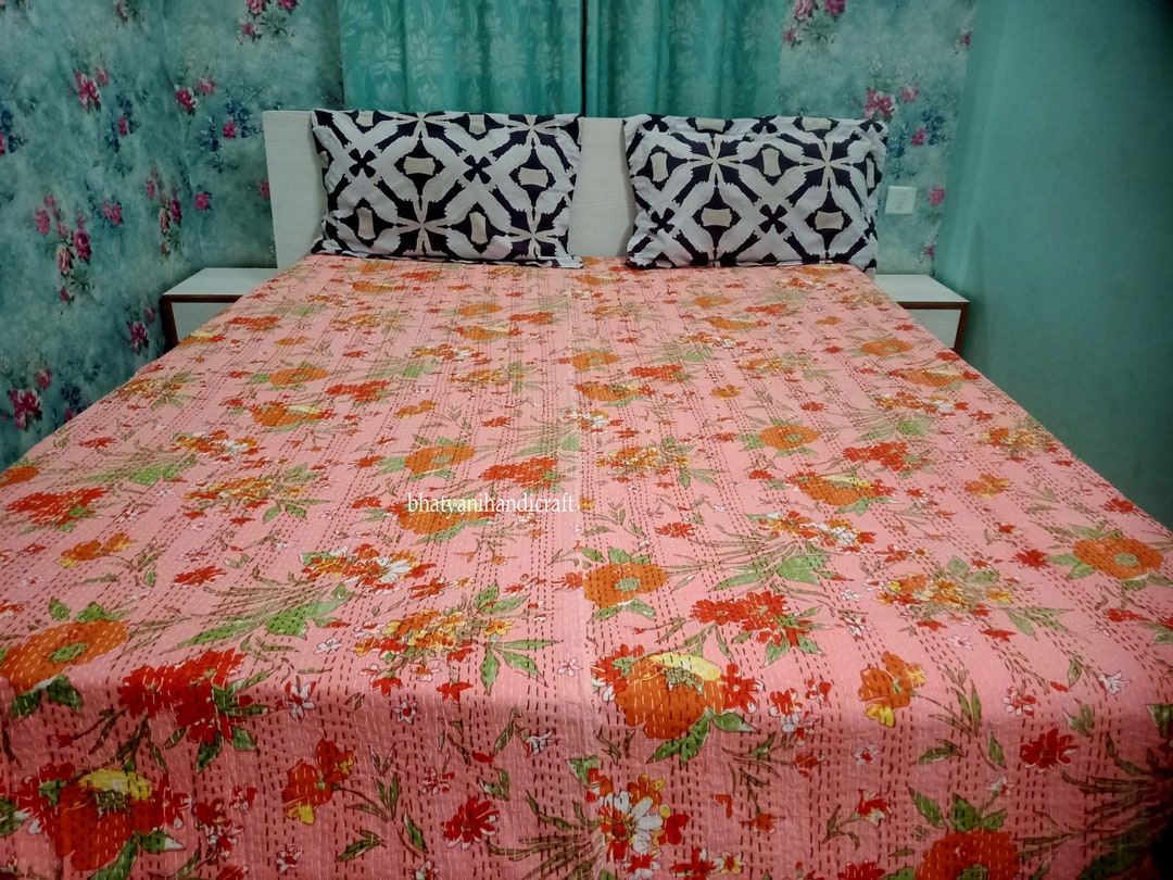 Handmade Floral Print Kantha Quilt, Bohemian Blanket Bedspread, Floral