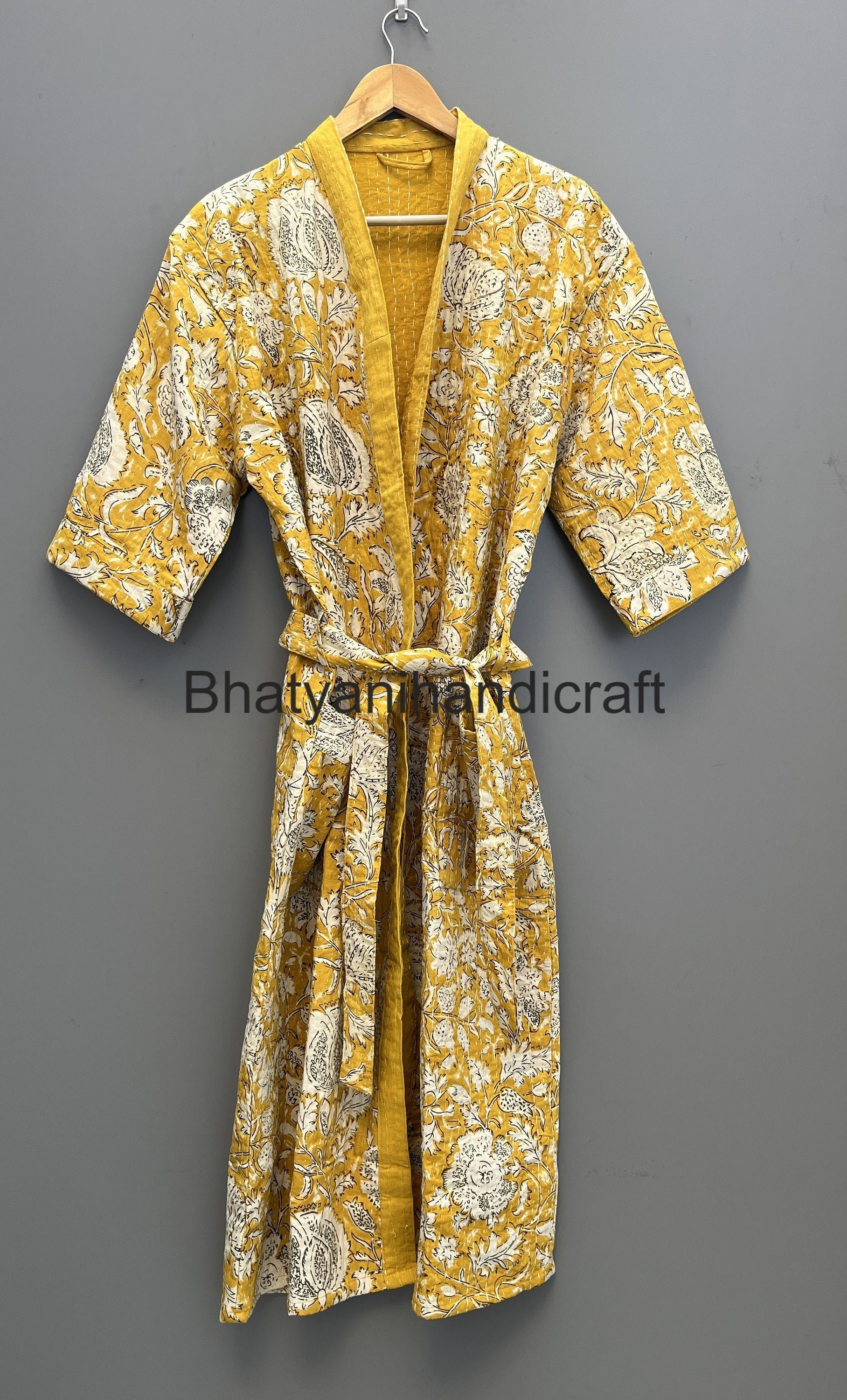 Yellow Floral Print Cotton Women Wear Bathrobe Gown Kantha -  Hong Kong
