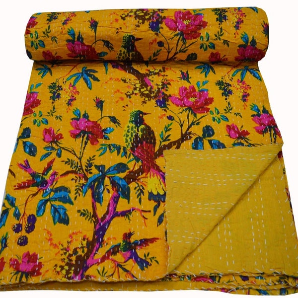 Indian Handmade Cotton Yellow Bird Print Queen Size Throw Blanket Ethnic Bedspread Bedding Bed Sheet Decor
