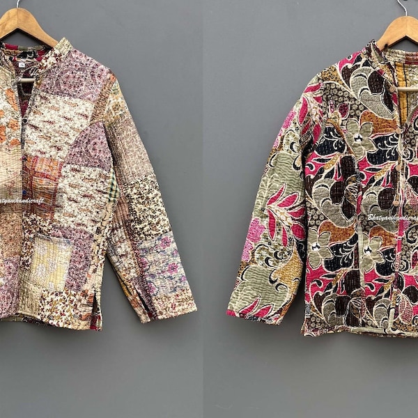 Handmade Patchwork Jacket, Silk Sari Jacket. Quilted Jacket, Winter Jacket, Short Coat, Gift For Her, Reversible Jacket