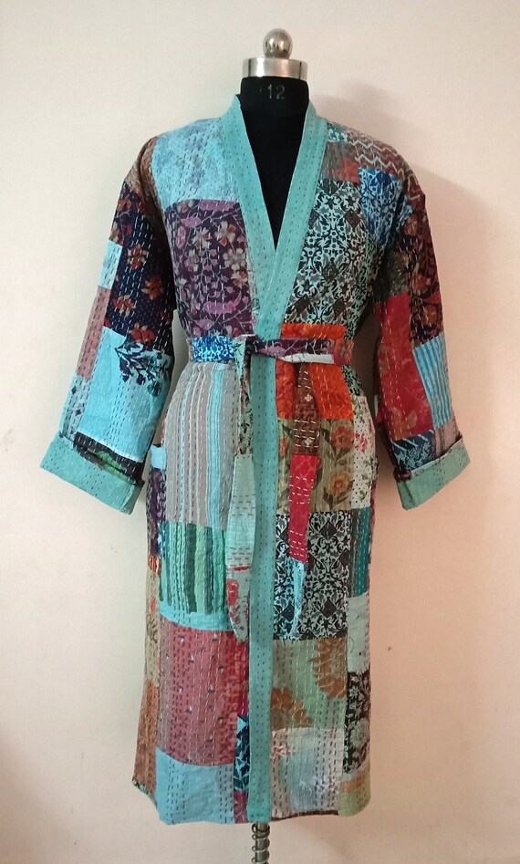Patchwork Handmade Kantha Coat Kantha Quilted Jacket, Kantha Quilt Women Wear Bath Robe, Comfortable for Winter Wear Women Kimono Jacket