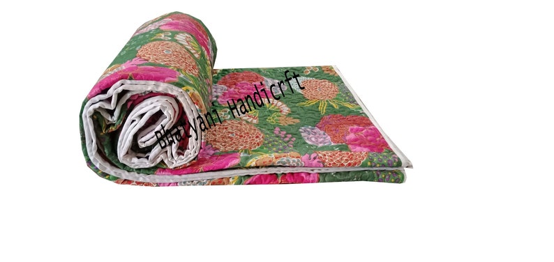 GREEN Indian Tropicana Fruit Print Kantha Quilt, deals Bohemian Coverlet Blanket, Handmade Cotton Bedspread