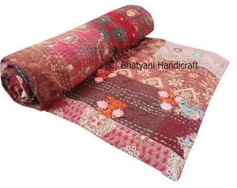 Couvre-lit indien fait à la main en patchwork multicolore Khambadiya Kantha, couverture de lit décorative pour la maison