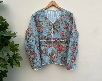 Quilted Jacket Floral Printed Boho Style Cotton Reversible Handmade Jackets, Coat Holidays Gifts Button Closer Jacket Women Gift