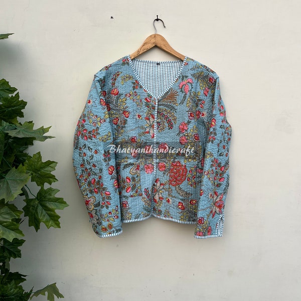 Quilted Jacket Floral Printed Boho Style Cotton Reversible Handmade Jackets, Coat Holidays Gifts Button Closer Jacket Women Gift