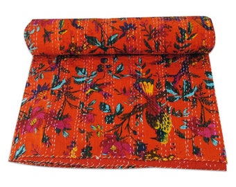 Couvre-lit imprimé floral oiseau en coton indien couverture courtepointe Kantha couvre-lit décoratif ethnique fait main décor à la maison