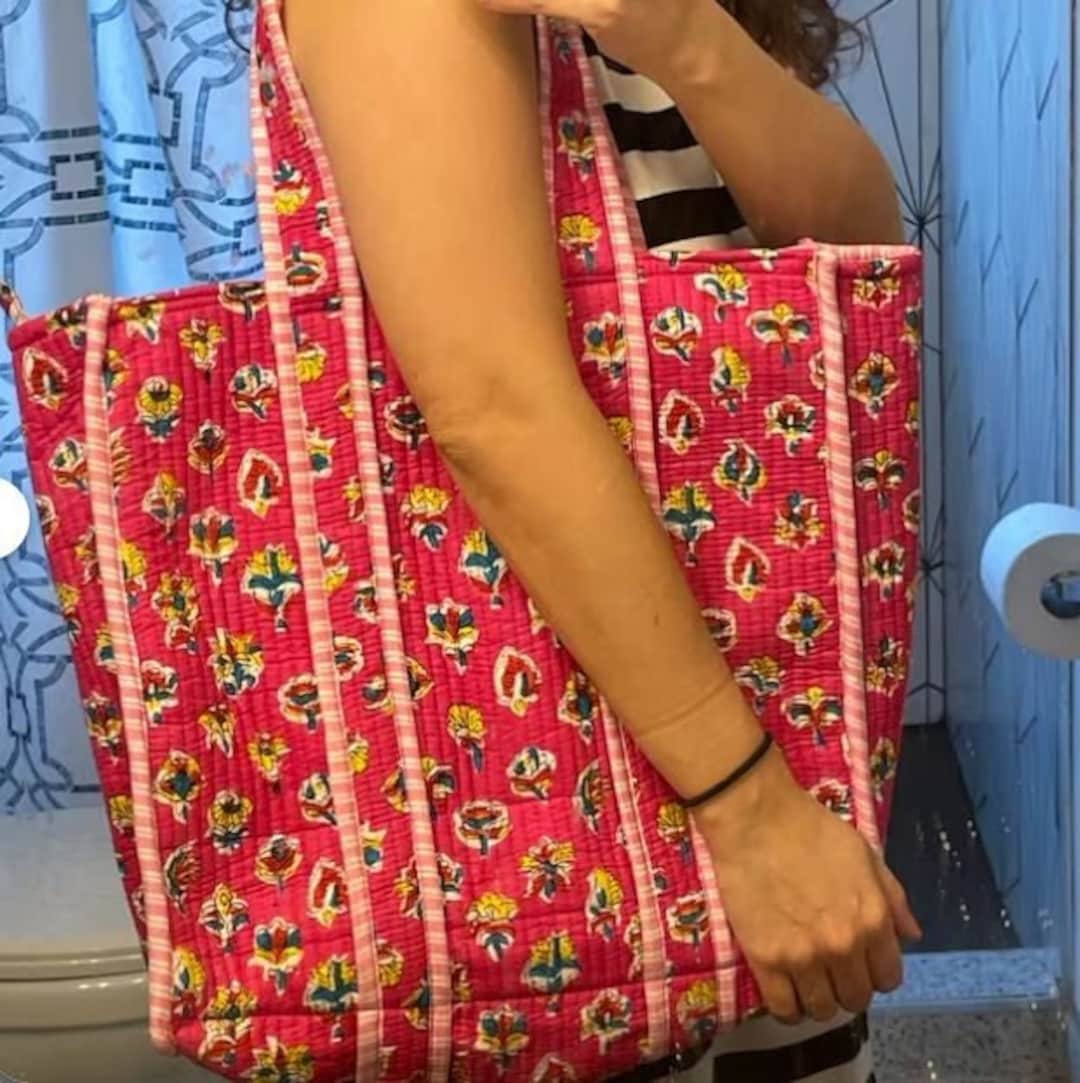 Quilted Jhola Bag, Cotton Quilted Tote Bags, Handmade Quilted Floral