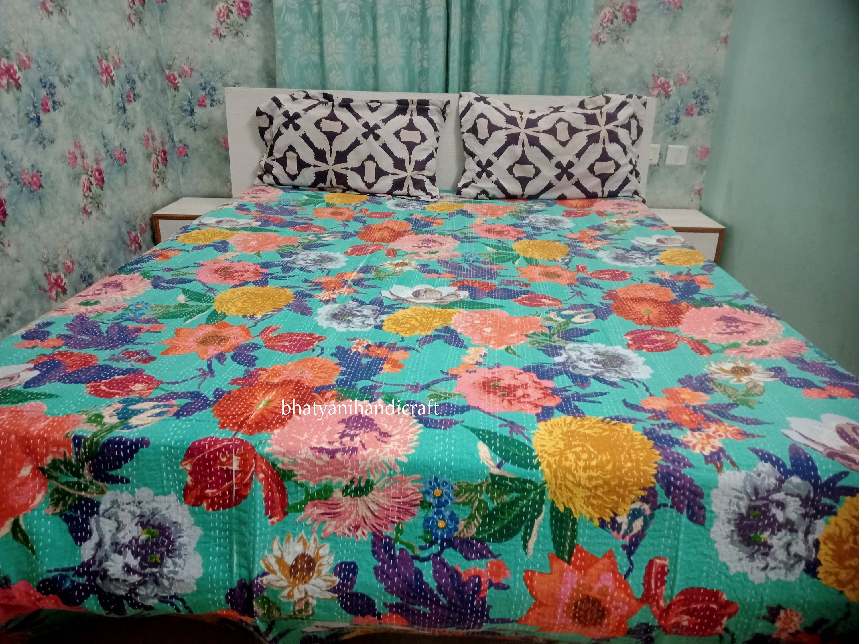 Indian Kantha Quilt Bedspread Bedding Throw Handmade Floral Cotton Single/Double 