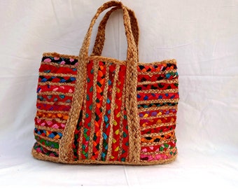 Sac de jute indien ethnique fait à la main coloré femmes sac à main jute travail sac fourre-tout dames sac à main traditionnel sac à provisions poignée sac art