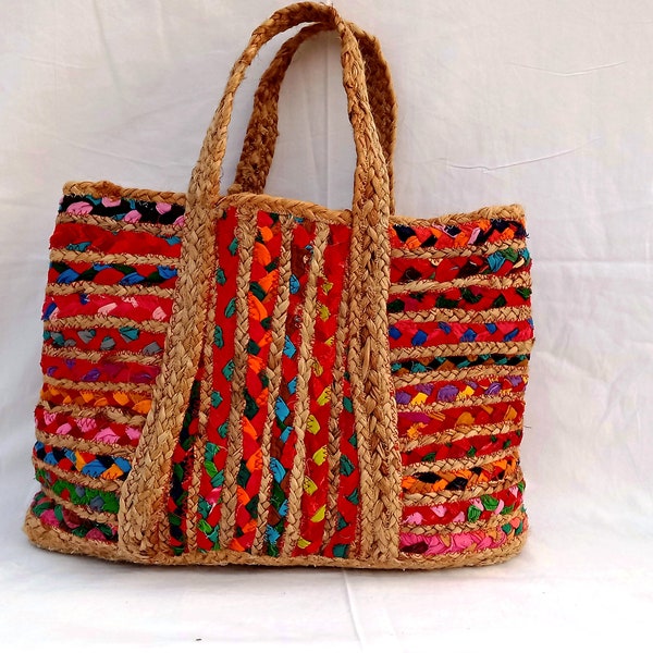 Sac de jute indien ethnique fait à la main coloré femmes sac à main jute travail sac fourre-tout dames sac à main traditionnel sac à provisions poignée sac art