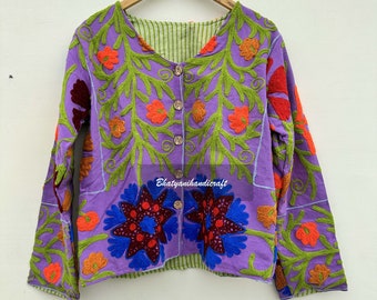 Weihnachtsgeschenk, kurze Suzani-Jacke, handgefertigte gestickte Suzani-Stickereijacke, Vintage bestickte Baumwollkimonojacke, Suzani-Mantel