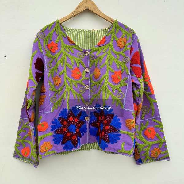 Christmas Gift, Short Suzani Jacket, Handmade Embroidered Suzani embroidery jacket, vintage embroidered cotton kimono jacket, Suzani Coat