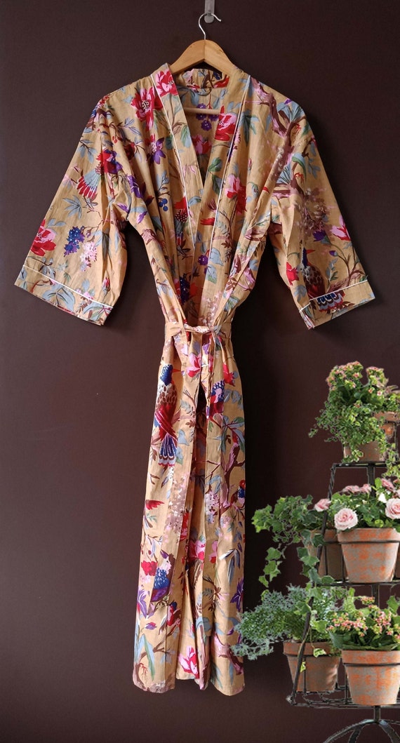 Printed Indian Women`s Cotton Robe Kimono Bird Print Nightwear Gown Maxi Dress