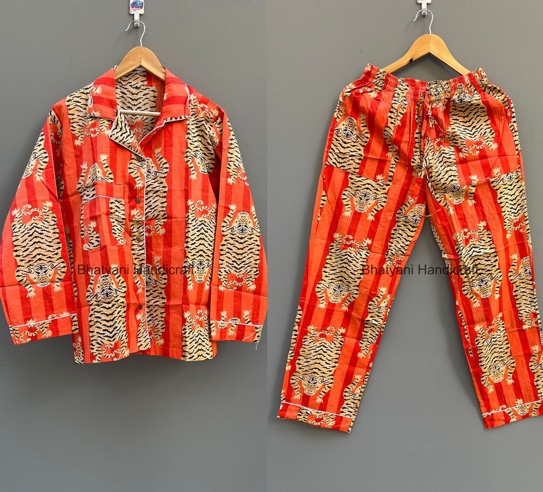 Tiger Print Pajama Set, Cotton Pj's, Night Wear, Soft Cotton Night Suit