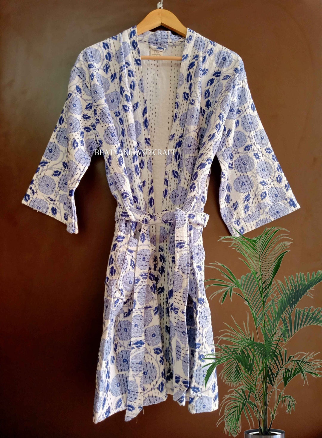Indian Handblock Print Kimono, Cotton Kantha Robe, Dressing Gown, Women