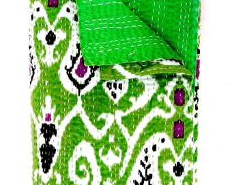 Indian Handmade Ikat Print Kantha Quilt, Hand Stitch Cotton Bed Cover, Vintage Kantha Throw