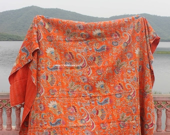 Handmade orange mukut  Kantha Quilt Double Bedspread Throw Blanket Quilt