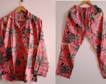 Jungle Print Pj Set, weiche Baumwolle Nachtanzug, Pj Set, Geschenk für sie, bequeme Nachtwäsche Pj Set, Frauen Nachtanzug