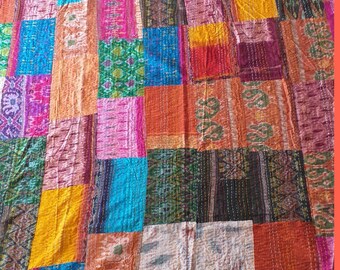 Indian beautiful handmade Patola multi patchwork Kantha Quilt Bedspread Throw Quilt