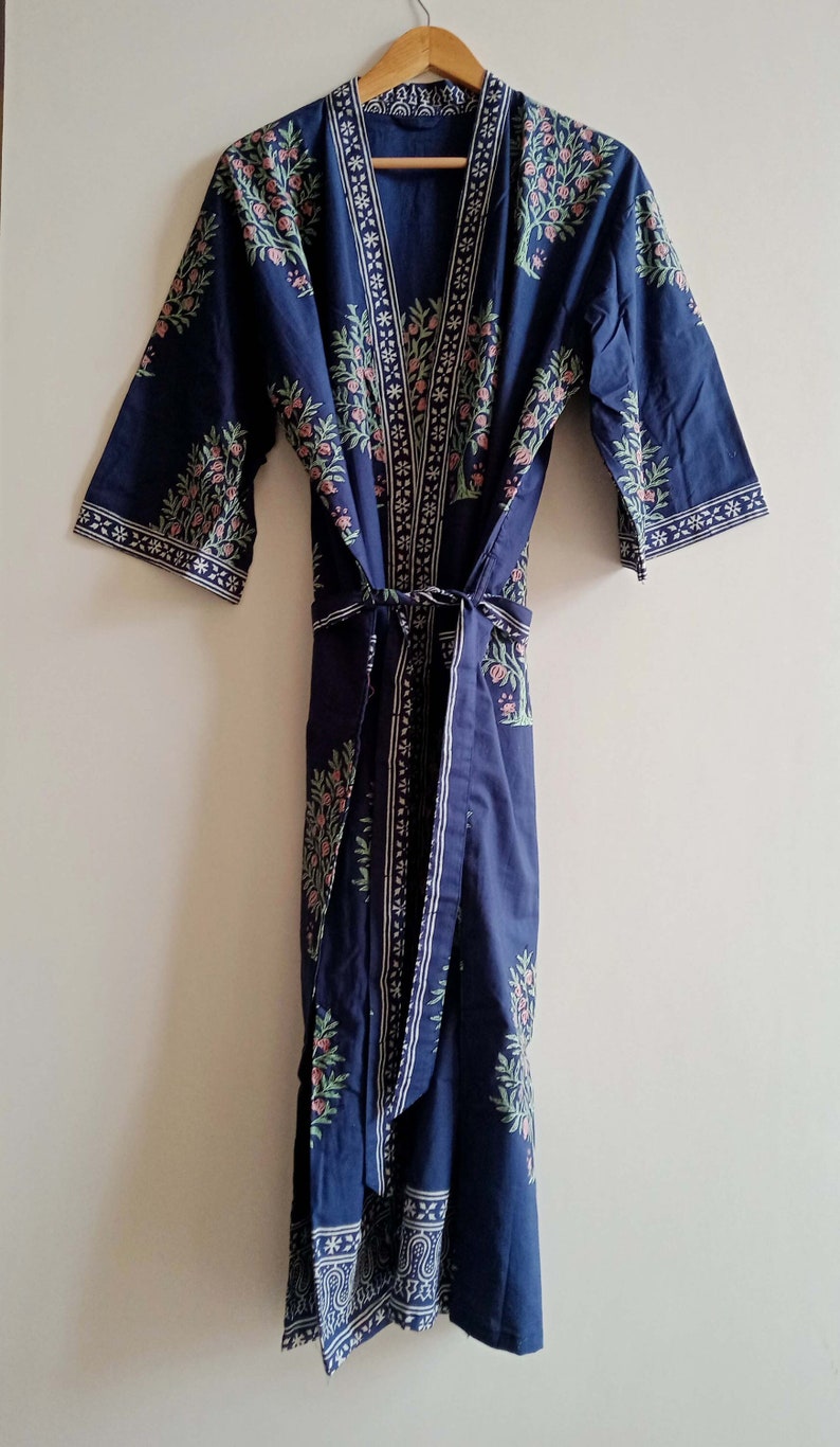 Hand Block Print Kimono, Floral Dressing Gown, Cotton Bath Robe, Bikini Cover Up, Bridal Getting Ready Robes image 1