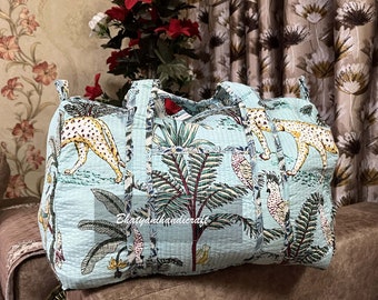 Floral Print Cotton Picnic Quilted Duffel Shoulder Bags, Handmade Quilted Yoga Bags Personalized Gift, Overnight Traveling Cotton Duffel bag