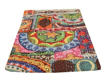 Indian Bohemian Handmade Multi-color Printed Gudri Throw Blanket Kantha Quilt Ethnic Bedspread Bedcover Home Decor