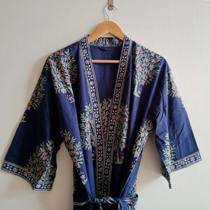 Hand Block Print Kimono, Floral Dressing Gown, Cotton Bath Robe, Bikini Cover Up, Bridal Getting Ready Robes image 4