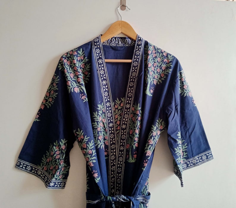 Hand Block Print Kimono, Floral Dressing Gown, Cotton Bath Robe, Bikini Cover Up, Bridal Getting Ready Robes image 4