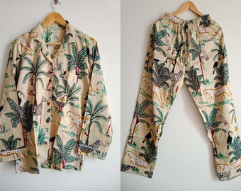 Jungle print pj set, Pajama Set, Cotton Night Suit, Floral print Night Dress, Gift For Her