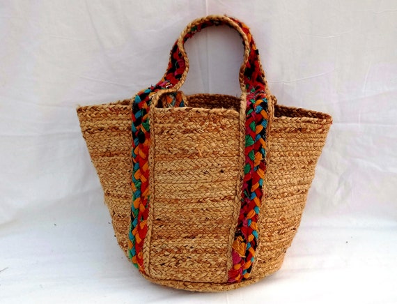 Up-cycled Fabric Jute Duffel Handbag