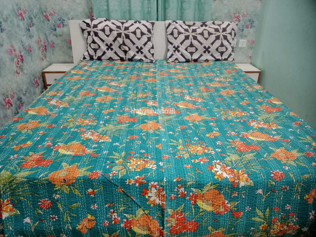 Handmade Floral Print Kantha Quilt Bohemian Blanket Etsy UK