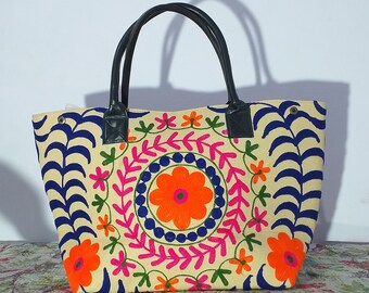 New Suzani Boho Bag Hand Embroidery Bucket Bag Cotton Canvas Shoulder Bag Women Shopping Bag Tote