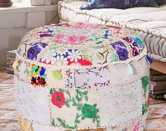 Indian Embroidered Patchwork  Seat Cover Chair Ottoman, Bohemian Style Interior Decor Footstool